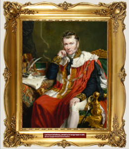 Portrait of Stuart de Rothesay sitting in red fur trimmed cloak in an intricate gold frame