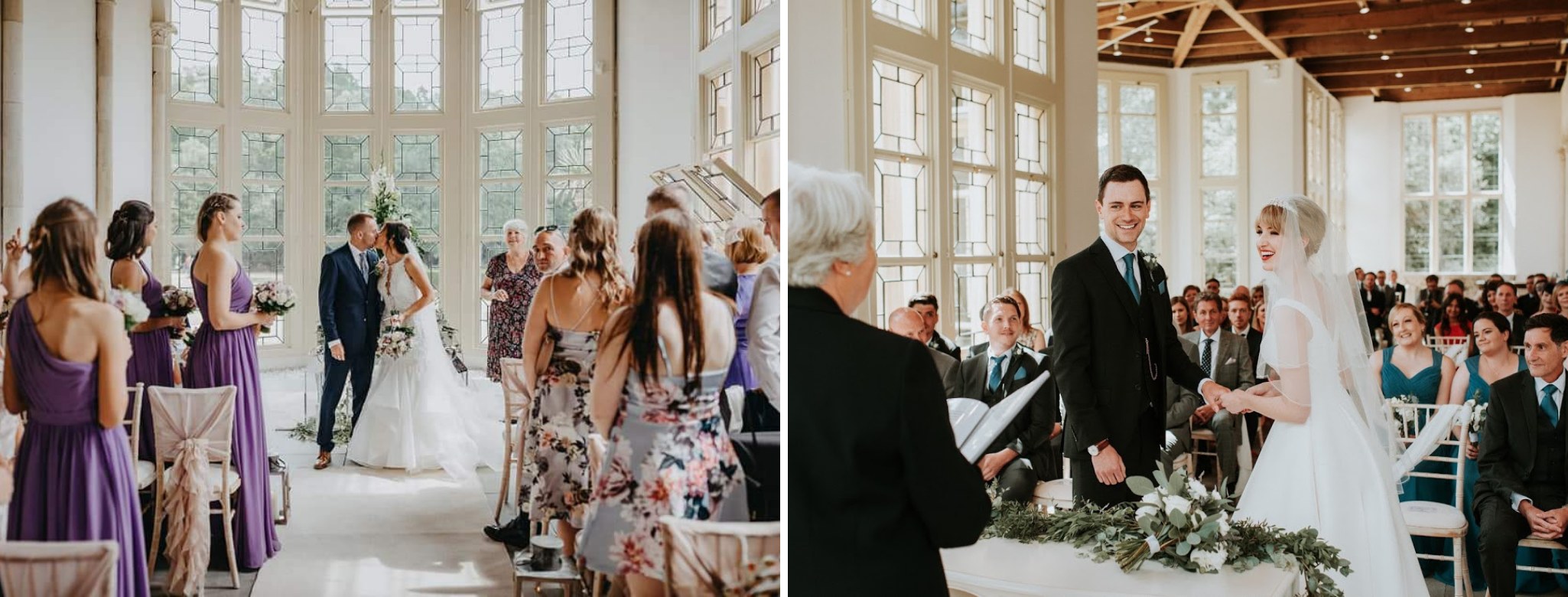 Wedding couples stood in the bright and airy Wintergarden of Highcliffe Castle