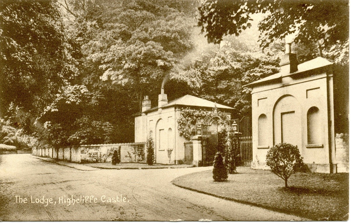 black and white image of the lodges entrance to Highcliffe Castle