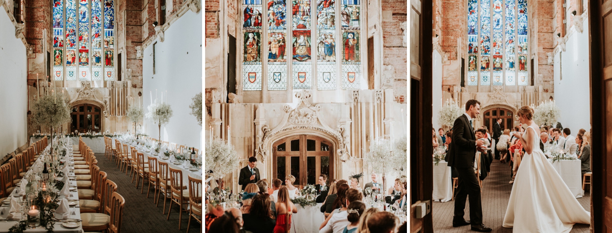 Highcliffe Castle's Great Hall decorated for a wedding breakfast. Bride and Groom are listening to speeches and enjoying their meal.