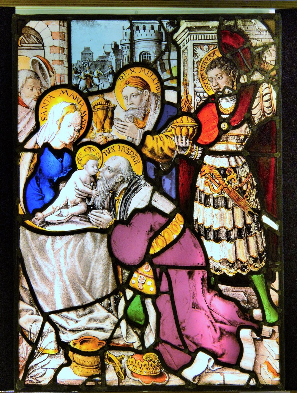 Stained glass panel of the Magi Mary and Jesus