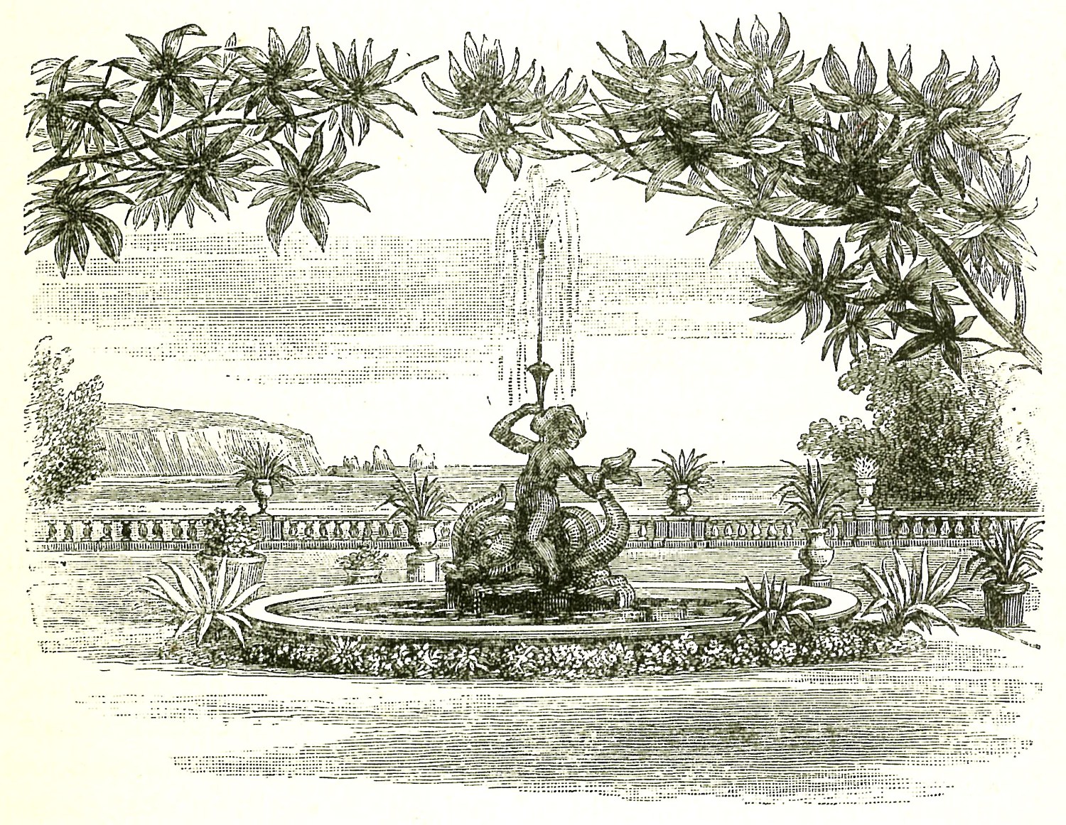 Black and white line drawing of old ornate stone fountain
